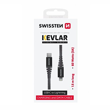 SWISSTEN DATOVÝ KABEL KEVLAR USB-C / LIGHTNING 1,5 M ANTRACIT