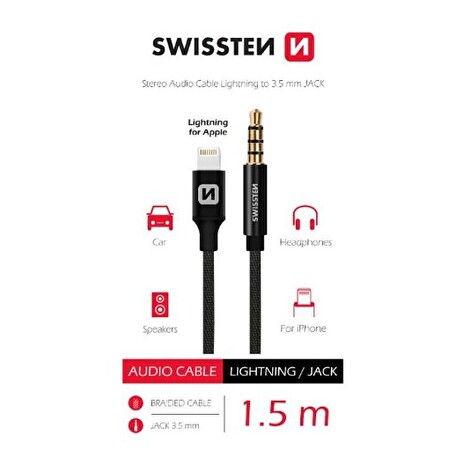 SWISSTEN AUDIO ADAPTÉR TEXTILE LIGHTNING (samec)/3,5 mm JACK(samec) 1,5 M ČERNÝ