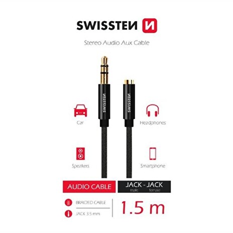 SWISSTEN AUDIO KABEL TEXTILE 3,5 mm JACK(samec) - 3,5 mm JACK (samice) 1,5 M ČERNÝ