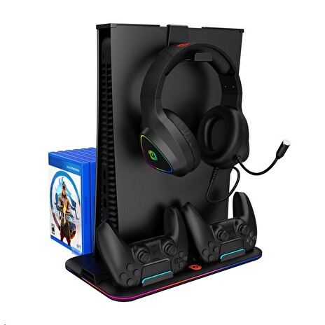 CANYON multifunkční chladící stojan pro PS5, nabíjení 2 PS5 ovladačů, RGB podsvícení, černý