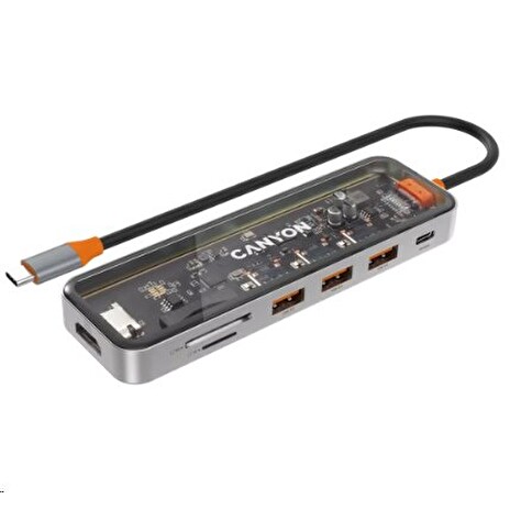 CANYON replikátor portů DS-13 7v1, 1xUSB-C PD 100W, 1xHDMI (4K), 3x USB 3.0, SD/micro čtečka, průhledný