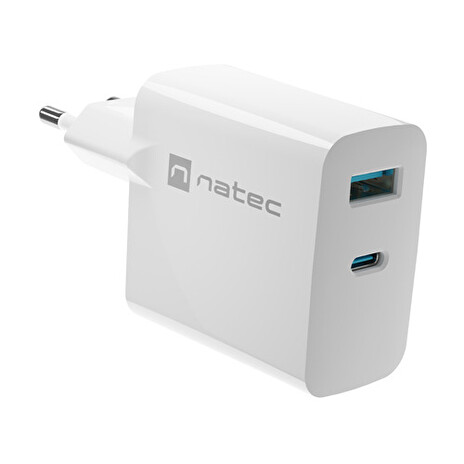 Univerzální USB nabíječka Natec RIBERA GaN 1X USB-A + 1X USB-C 65W, Bílá