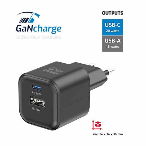 SWISSTEN SÍŤOVÝ ADAPTÉR GaN 1x USB-C 20W PD + 1x USB-A 18W QC ČERNÝ