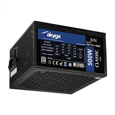 Akyga PC zdroj ATX 500W P4+4 2x PCI-E 6+2 pin 4x SATA 2x Molex APFC 120mm