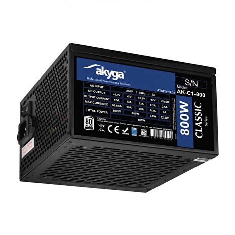 Akyga PC zdroj ATX 800W P4+4 2x PCI-E 6+2 pin 6x SATA 3x Molex APFC 120mm