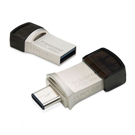 Transcend 64GB JetFlash 890, USB-C/USB 3.1 duální flash disk, malé rozměry, stříbrný kov, odolá prachu i vodě