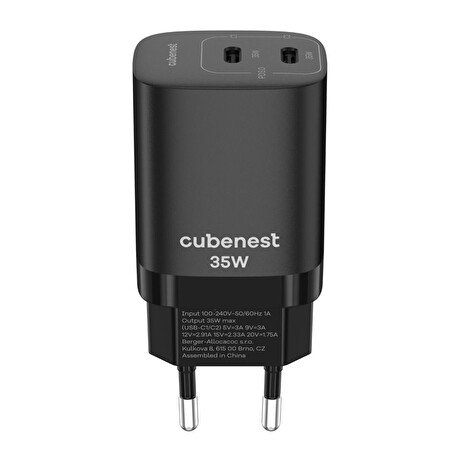 CubeNest S2D1 GaN Adaptér 35W černá (2× USB-C až 35 W), PD, přepěťová a podpěťová ochrana, s technologií GaN, pro iPhone