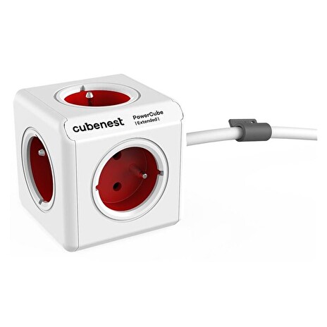 Cubenest Powercube Extended, 5× zásuvka, 1,5 m, bílá/červená, dětská pojistka, uzemnění, dok, max. 10A/250V~2500W