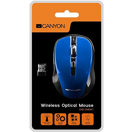 CANYON myš optická bezdrátová CMSW1, nastavitelné rozlišení 800/1000/1200 dpi, 4 tl, USB nano reciever, modrá