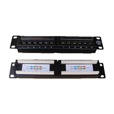 DATACOM Patch panel UTP 10" 12 port CAT5E, 2x6 pozic, 1U, zadní zářez, černý