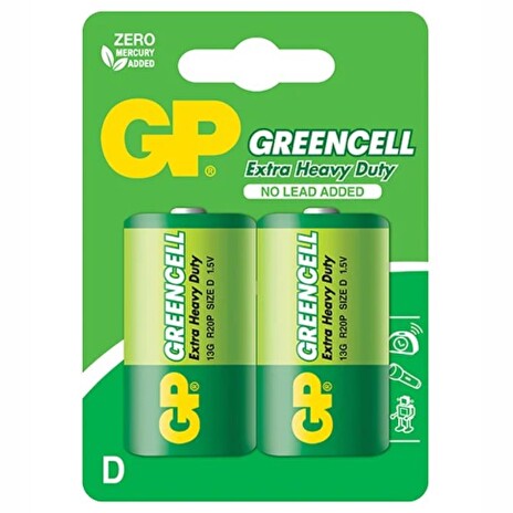 GP zinko-chloridová baterie 1,5V D Greencell 2ks fólie