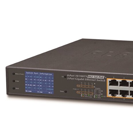 PLANET FGSD-1022VHP 8-Port 10/100TX 802.3at PoE + 2-Port Gigabit TP/SFP combo Desktop Switch with LCD PoE Monitor (120W)