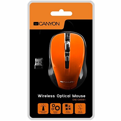 CANYON myš optická bezdrátová CMSW1, nastavitelné rozlišení 800/1000/1200 dpi, 4 tl, USB nano reciever, oranžová