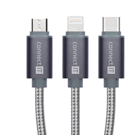 CONNECT IT Wirez 3in1 USB-C & Micro USB & Lightning, silver gray, 1,2 m