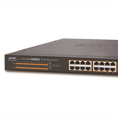 Planet GSW-2620HP PoE switch, 24x1Gb + 2x SFP 1Gb, VLAN, extend mód 10Mb-250m, 802.3at, 802.3az, 240W PoE Budget
