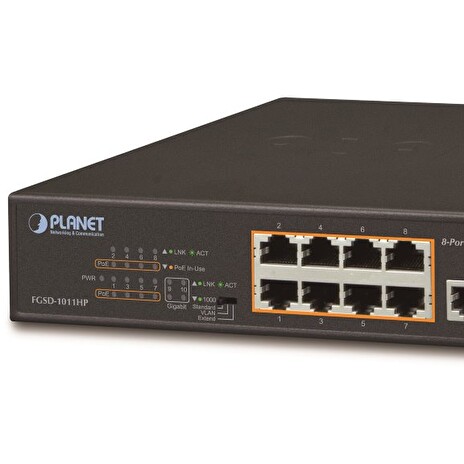 Planet FGSD-1011HP PoE switch, 8x 10/100 PoE, 1x TP + 1x SFP 1000Base-X, extend mód 10Mb, ESD, 802.3at 120W, fanless