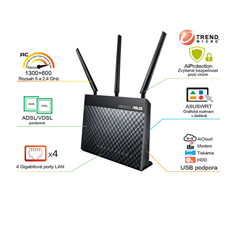 ASUS router DSL-AC68U /802.11a/b/g/n/ac/ 2.4Ghz a 5GHz/ VDSL2/ADSL2+/ADSL2/ADSL / 4x LAN 10/100/1000 / 1x xDSL/1x USB3.0