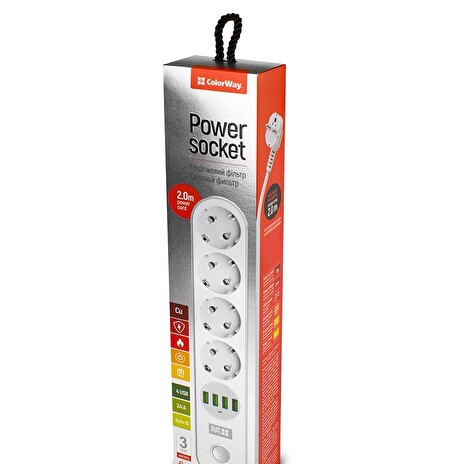 COLORWAY Prodlužovací napájecí přívod/ 4x 220V výstup/ 4x USB 5V / kabel 2m