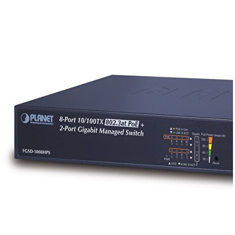 Planet FGSD-1008HPS L2 switch, 8x100Mb, 2x1Gb SFP, 8x PoE 802.3at 125W