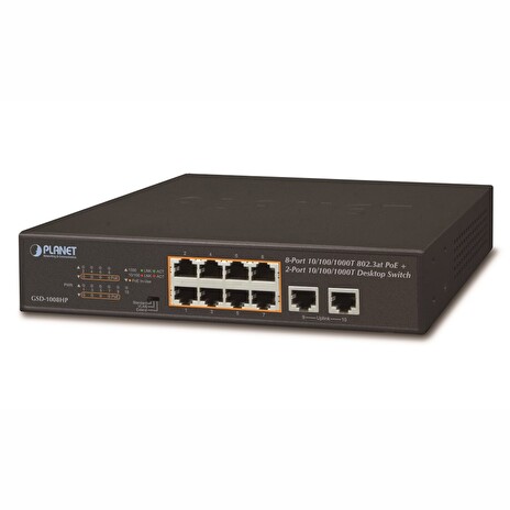 Planet GSD-1008HP, PoE switch 8x PoE 802.3at 120W+ 2x 1000Base-T, VLAN, extend mód 10Mb/s do 250m