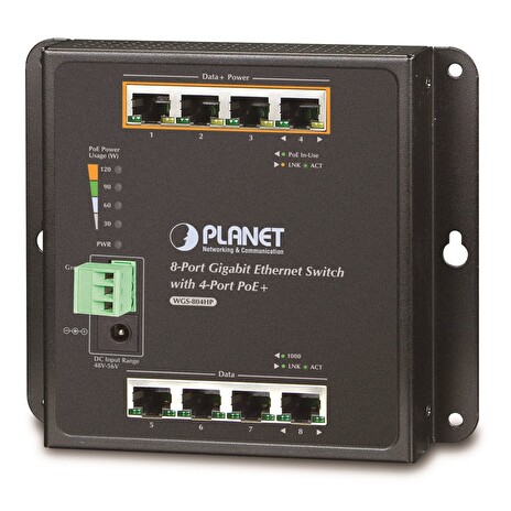 PLANET průmyslový plochý switch 8x 1Gb, 4xPoE 30/120W, dual 48-56VDC, IP30, -40/75st, fanless
