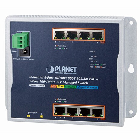 Planet WGS-4215-8P2S plochý L2/L4 switch, 8x1Gb, 2x1Gb SFP, 8x PoE 802.3at 200W, 48-56VDC, -40~75°C, IP30, fanless