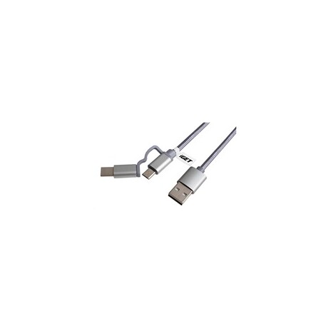 iGET G2V1 USB kabel 2v1, 1m, stříbrný, microUSB i USB-C, prodloužené koncovky