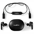 Nedis bezdrátová sluchátka + mikrofon/ TWS/ BT/ 90 dB/ výdrž 3,5 hodiny/ hlasové ovládání/ nabíjecí pouzdro/ černé