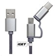 iGET G2V1 USB kabel 2v1, 1m, stříbrný, microUSB i USB-C, prodloužené koncovky