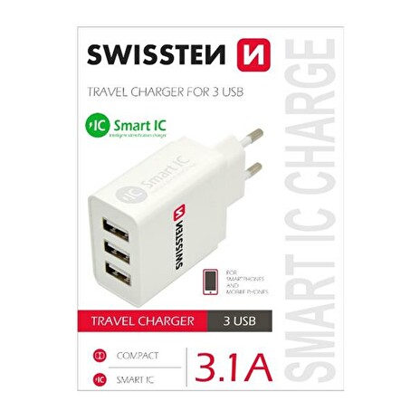 Adaptér síťový SWISSTEN SMART IC 3x USB 3,1A POWER BÍLÝ