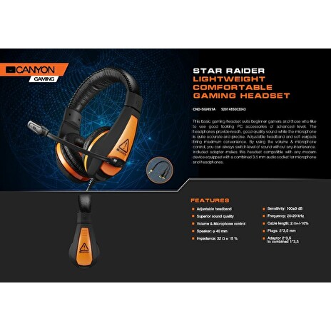 CANYON herní headset Star Raider GH-1A, 3,5mm jack, ovládání hlasitosti, 2v1, 3.5mm adapter, kabel 2m, černá/oranžová