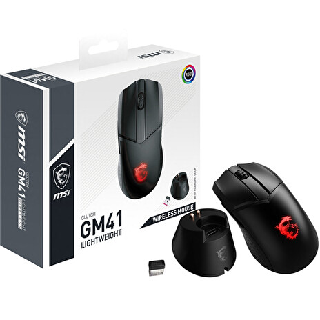 MSI herní myš CLUTCH GM41 Lightweight Wireless/ bezdrátová/ dobíjecí/ 20.000 dpi/ RGB podsvícení/ 6 tlačítek/ USB