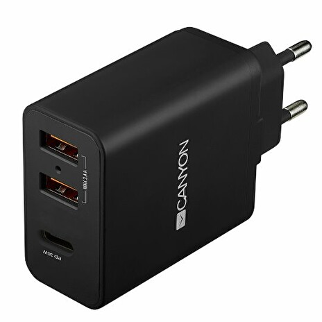 CANYON Nabíjčka do sítě H-08, Power delivery - 1x USB-C (Quick charge), 2xUSB A, černá