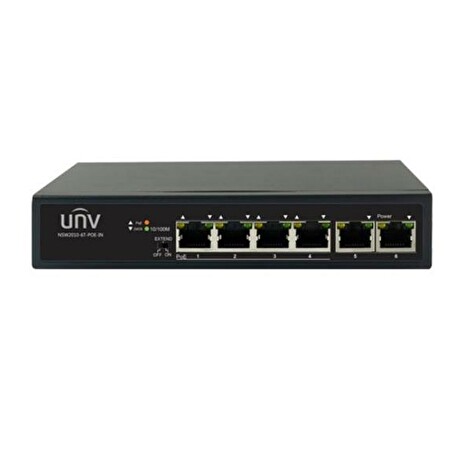 Uniview switch, 6x 100Mbps RJ-45, 1,2Gbps, 0,9Mpps, 4x PoE 802.3at/af, 65W budget; desktop