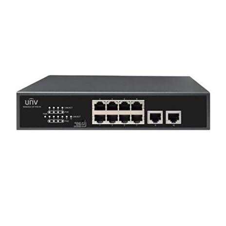 Uniview switch, 10x 10/100 RJ45, PoE 802.3af/at, budget 120W, PoE porty lze přepnout na 250m PoE@10Mbps; desktop