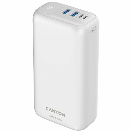CANYON powerbanka PB-301, 30000mAh Li-poly QC 3.0&PD 20W, display, In USB-C + micro USB, Out 1x USB-C + 2x USB-A, bílá