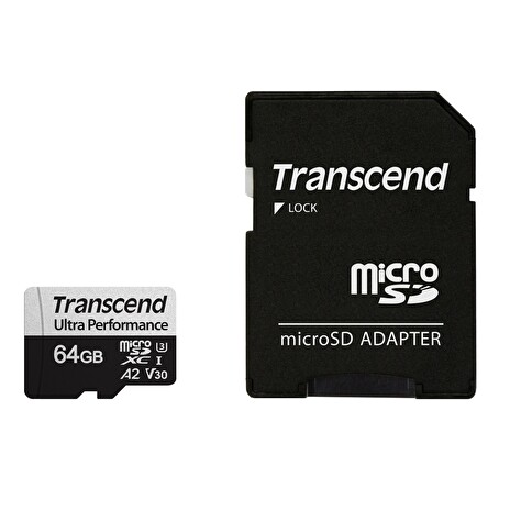 Transcend 64GB microSDXC 340S UHS-I U3 V30 A2 3D TLC (Class 10) paměťová karta (s adaptérem), 160MB/s R, 80MB/s W
