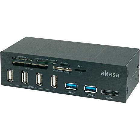 AKASA přední panel HUB AK-HC-05U3BK (6v1 čtečka, 4x USB2.0 HUB, 2x USB3.0 port, 1x e-Sata) 5,25" černý hliník