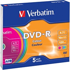 Verbatim DVD-R 4,7GB 16x Colour, 5ks - média, AZO, barevné, slim jewel