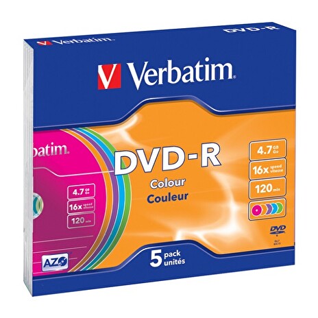 Verbatim DVD-R 4,7GB 16x Colour, 5ks - média, AZO, barevné, slim jewel