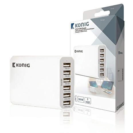 König 6portová USB nabíječka, 10 A, 50 W, zástrčka EU (CS100UW001WH)