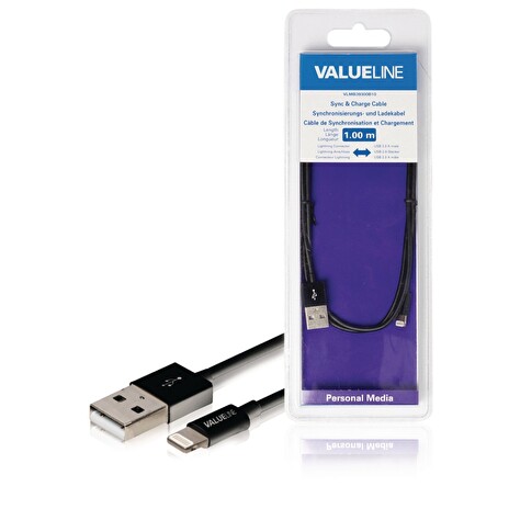 VALUELINE synchronizační a nabíjecí kabel pro zařízení Apple/ konektor Lightning/ zástrčka USB 2.0 A/ černý/ blistr/ 1m