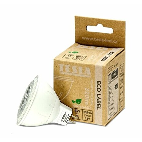 Tesla - LED žárovka GU5,3 MR16, 4W, 12V, 320lm, 20 000h, 3000K teplá bílá, 38°