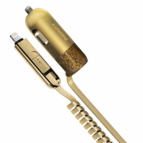 REMAX nabíječka do auta RC-C103 / kabel s konektorem na MicroUSB a Lightning konektoru / zlatá
