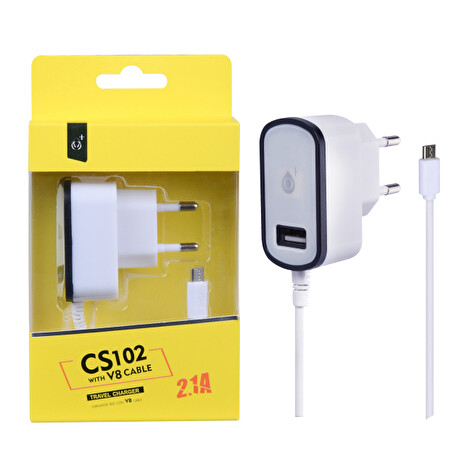 PLUS síťová nabíječka CS102, konektor micro USB + 1x USB, 2,1 A, bílá s černým okrajem