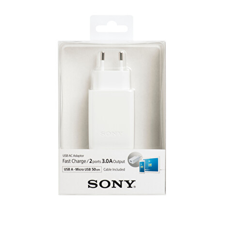 Sony AC x USB adaptér, výkon DC 5V a 3 A, bílá barva, 50 cm