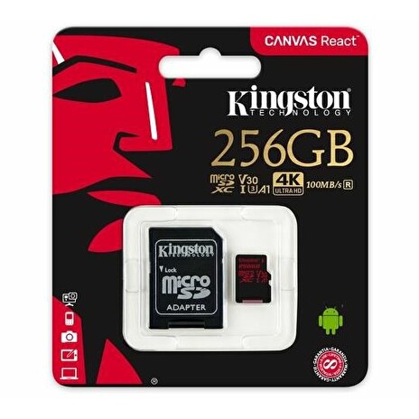 256GB microSDXC Kingston Canvas React U3 100R/80W V30 A1 + SD adapter